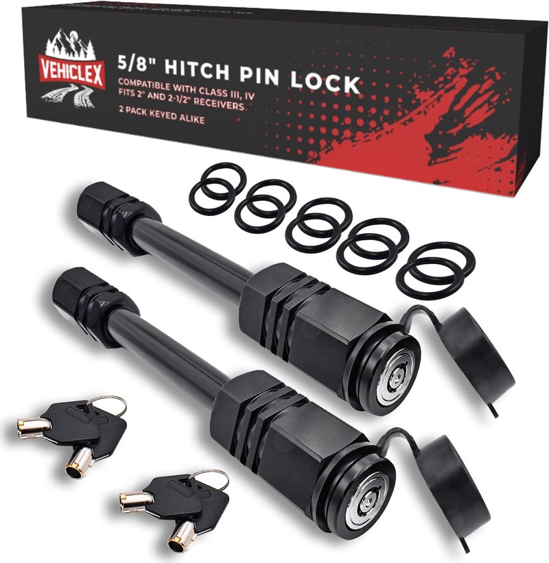 Vehiclex Hitch Pin Locks for 2" Trailer Receivers (2 Keyed Alike) - 5/8" Pins for Class III, IV - Defends Against Dust, Mud, and Thieves - Image 1